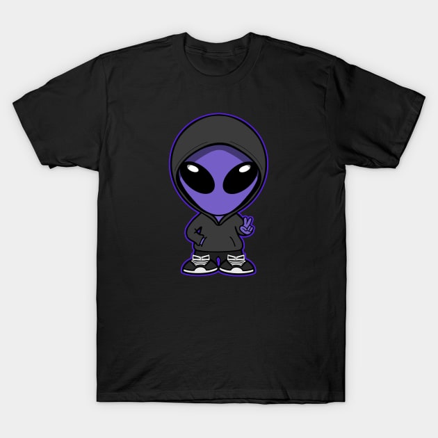 Hooded Space Alien Peace Hand Sign Purple T-Shirt by SpaceAlienTees